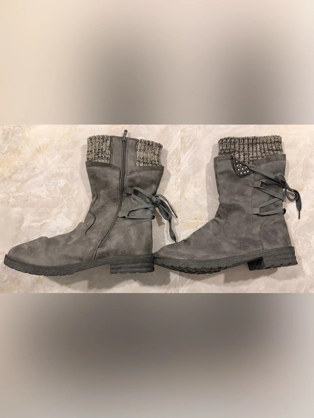 Women's Grey Knit-Cuff Mid-Calf Winter Boots